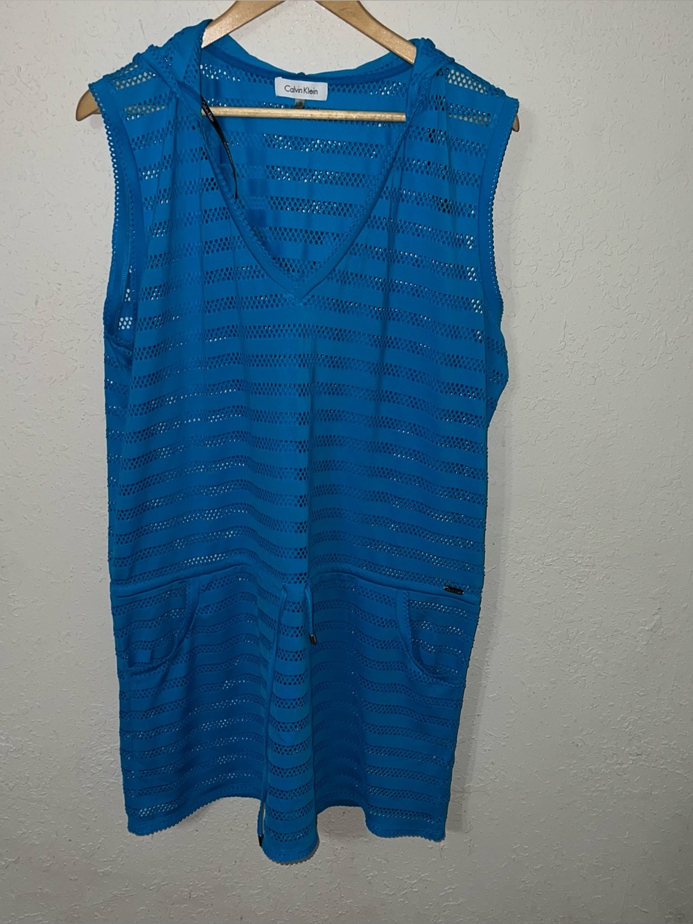 Calvin Klein Blue Crochet Knit Hooded Swim Cover Up Dress Size Large/XL
